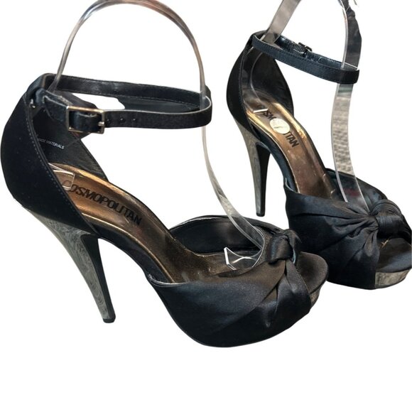 COSMOPOLITAN Womens Black Satin Ankle Strap Peep Toe 5" Heels 7.5 Chic - Picture 3 of 8